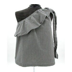 Vineyard Vines Blouse Womens 12 Plaid Stretch Seersucker Ruffle One Shoulder Tie